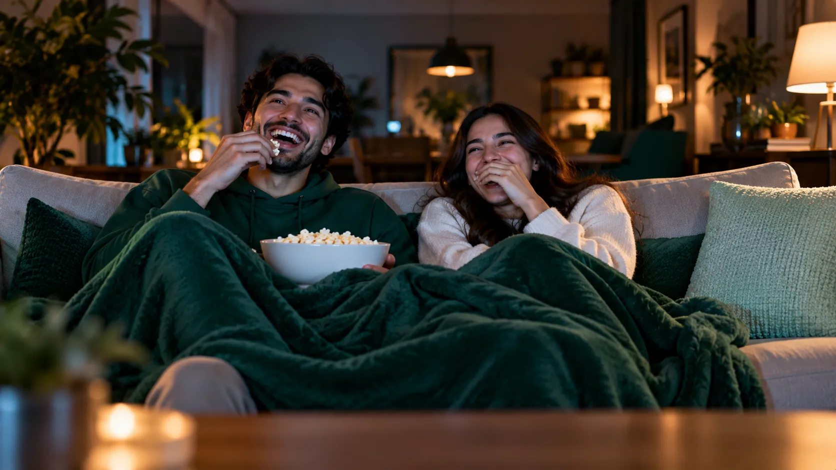 Two friends laughing on a couch under a green blanket, lit by the glow of an unseen TV
