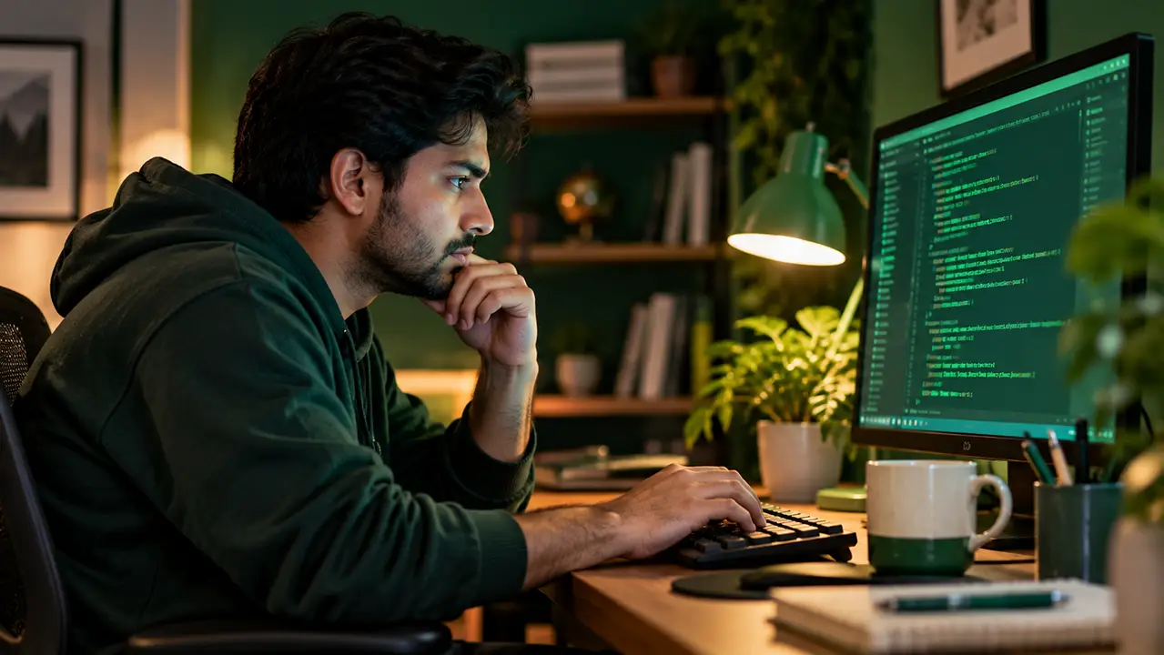 Side view of a developer at a dark monitor of green code lines with a lamp glowing beside it