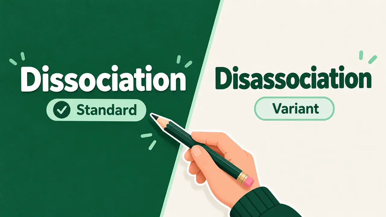 Split-screen illustration comparing the spellings dissociation and disassociation on two green and white panels