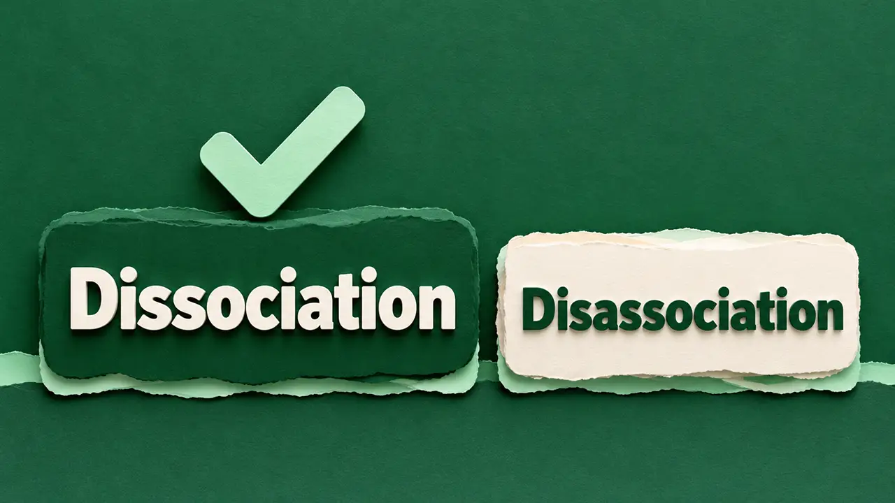 Two paper-cut word blocks reading dissociation and disassociation, with a green check mark above the first