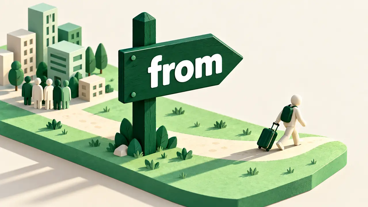 Illustrated green signpost with an arrow pointing away labeled from, showing the preposition used with dissociate