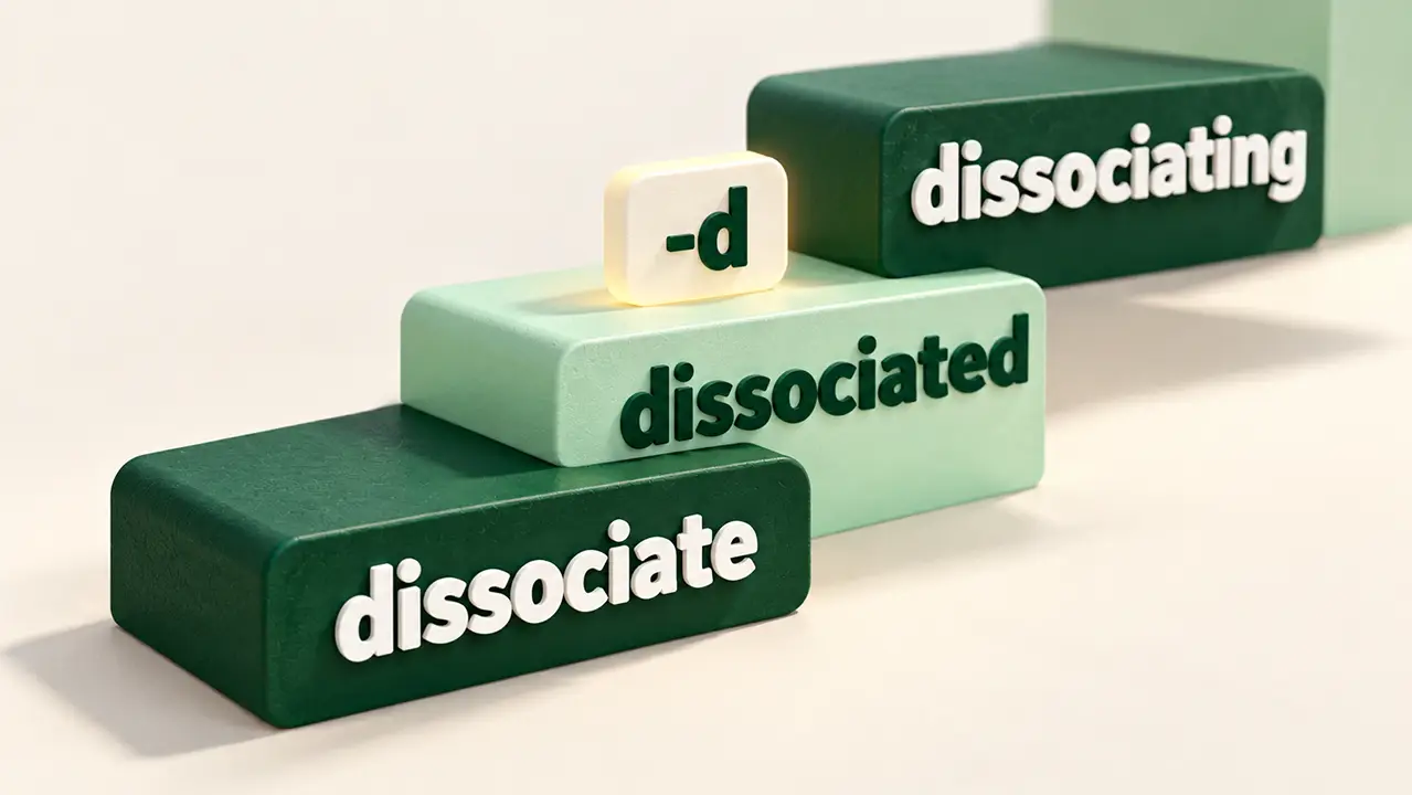 Stacked 3D green and white blocks showing the verb forms dissociate, dissociated, and dissociating