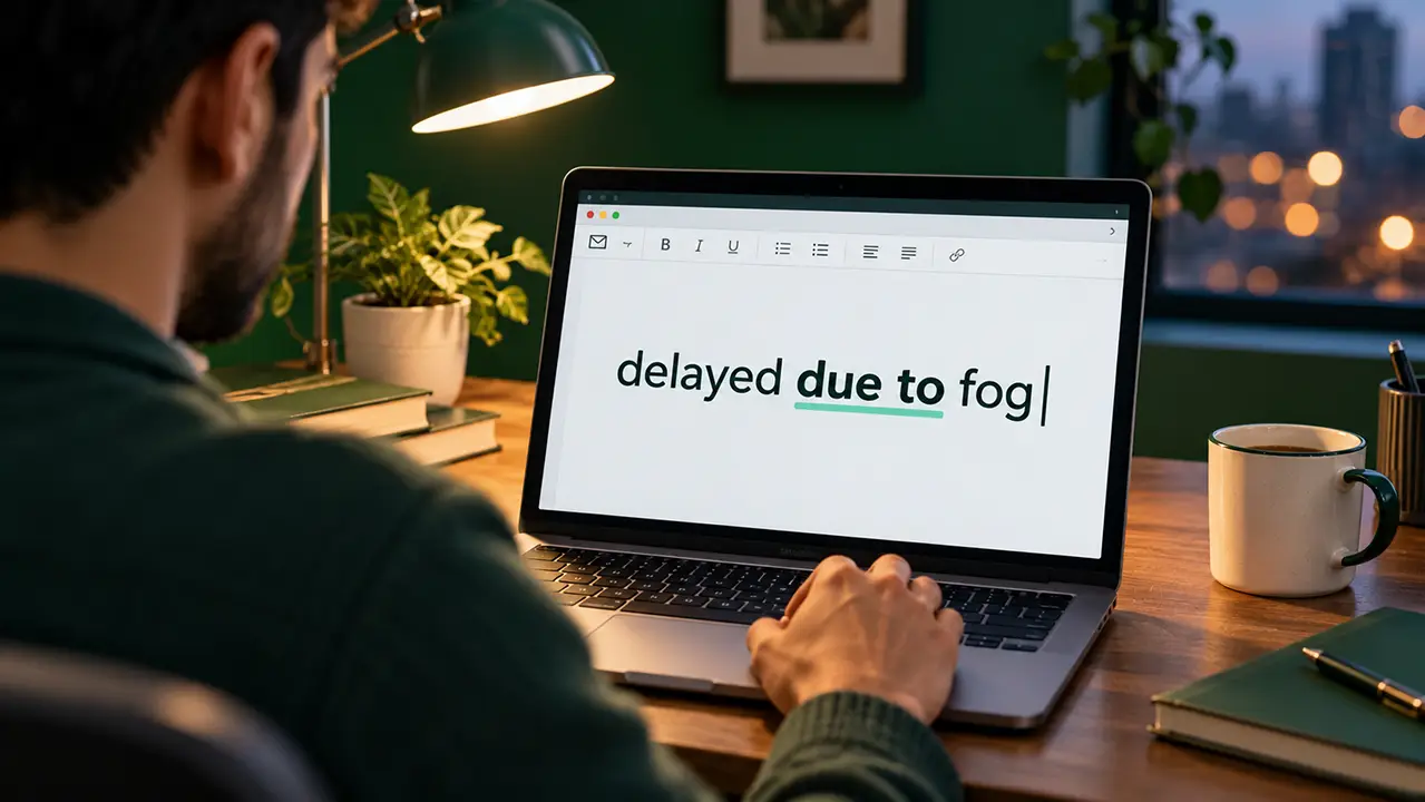 Person at a laptop marking the phrase due to in a delay email, choosing between do to or due to