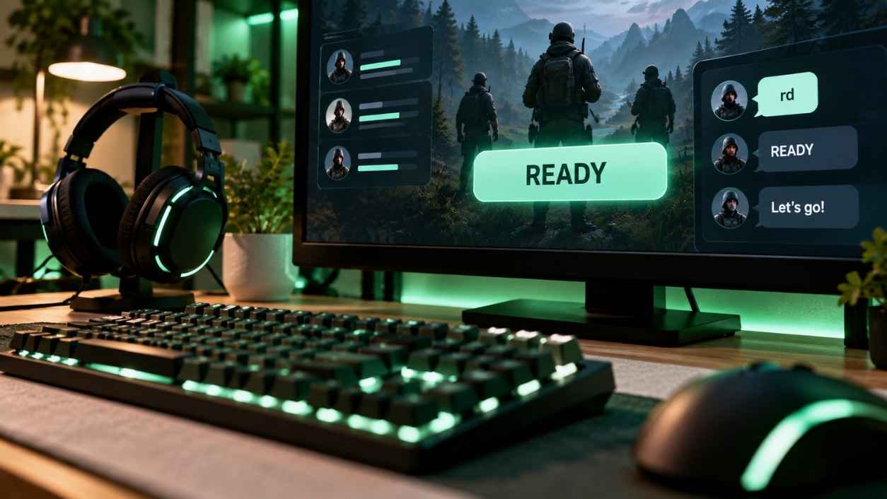 Gaming desk with keyboard, headset and a lobby screen showing a ready button and an rd chat bubble