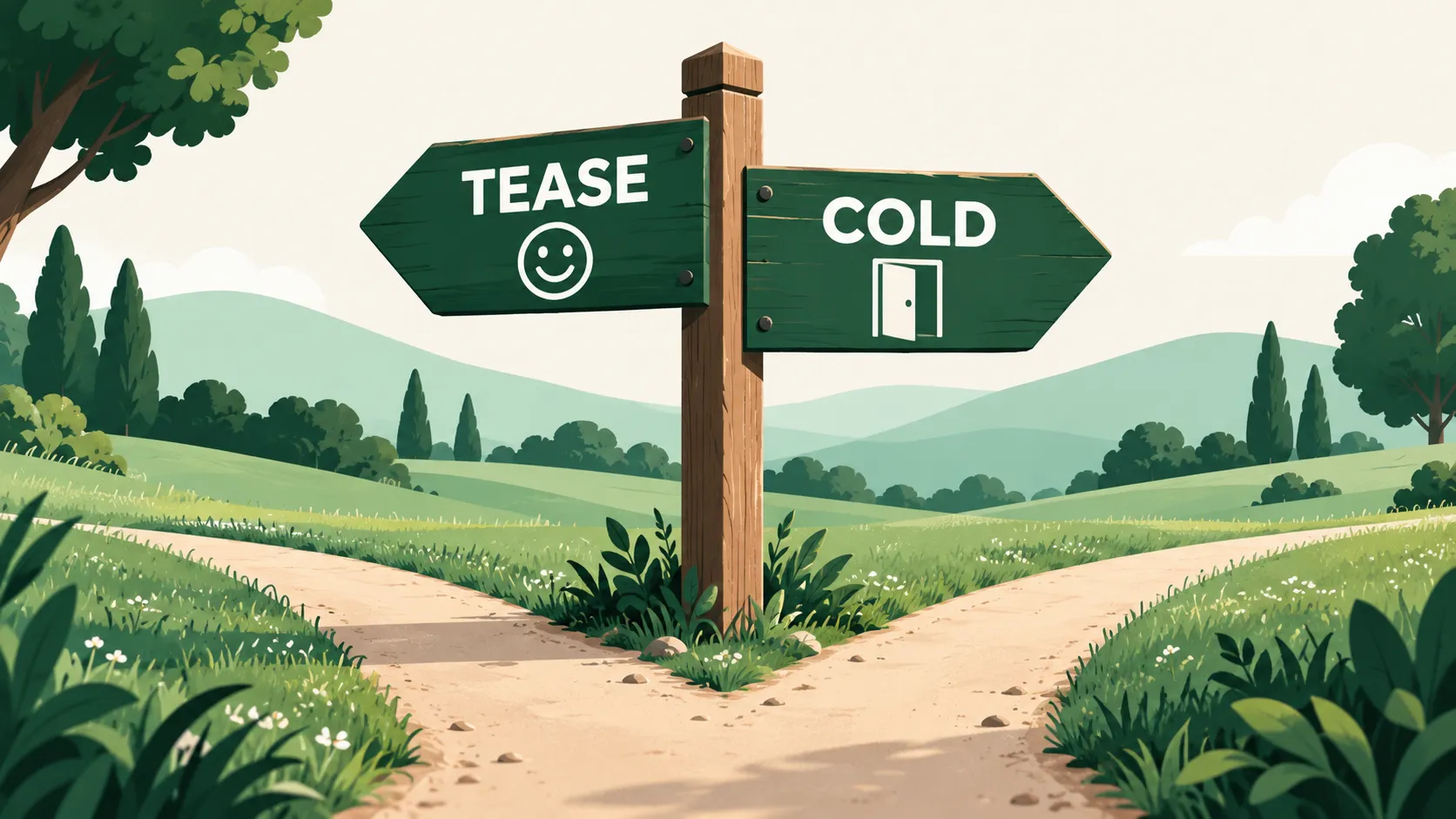 Illustrated wooden signpost at a path fork with one arrow reading TEASE and the other reading COLD