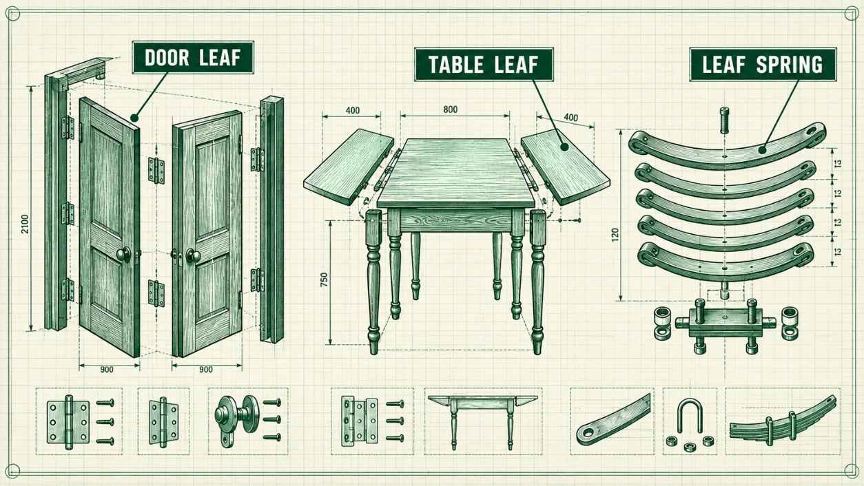 Blueprint drawing of door leaves, table leaves, and a leaf spring with labeled parts
