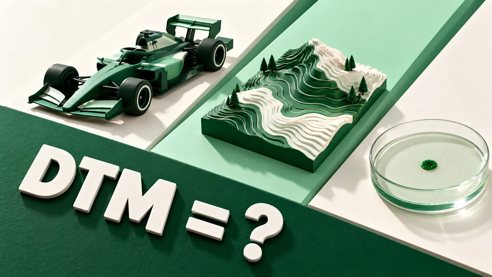 Geometric 3D scene with a race car silhouette, a terrain contour block and a lab dish on angled green planes