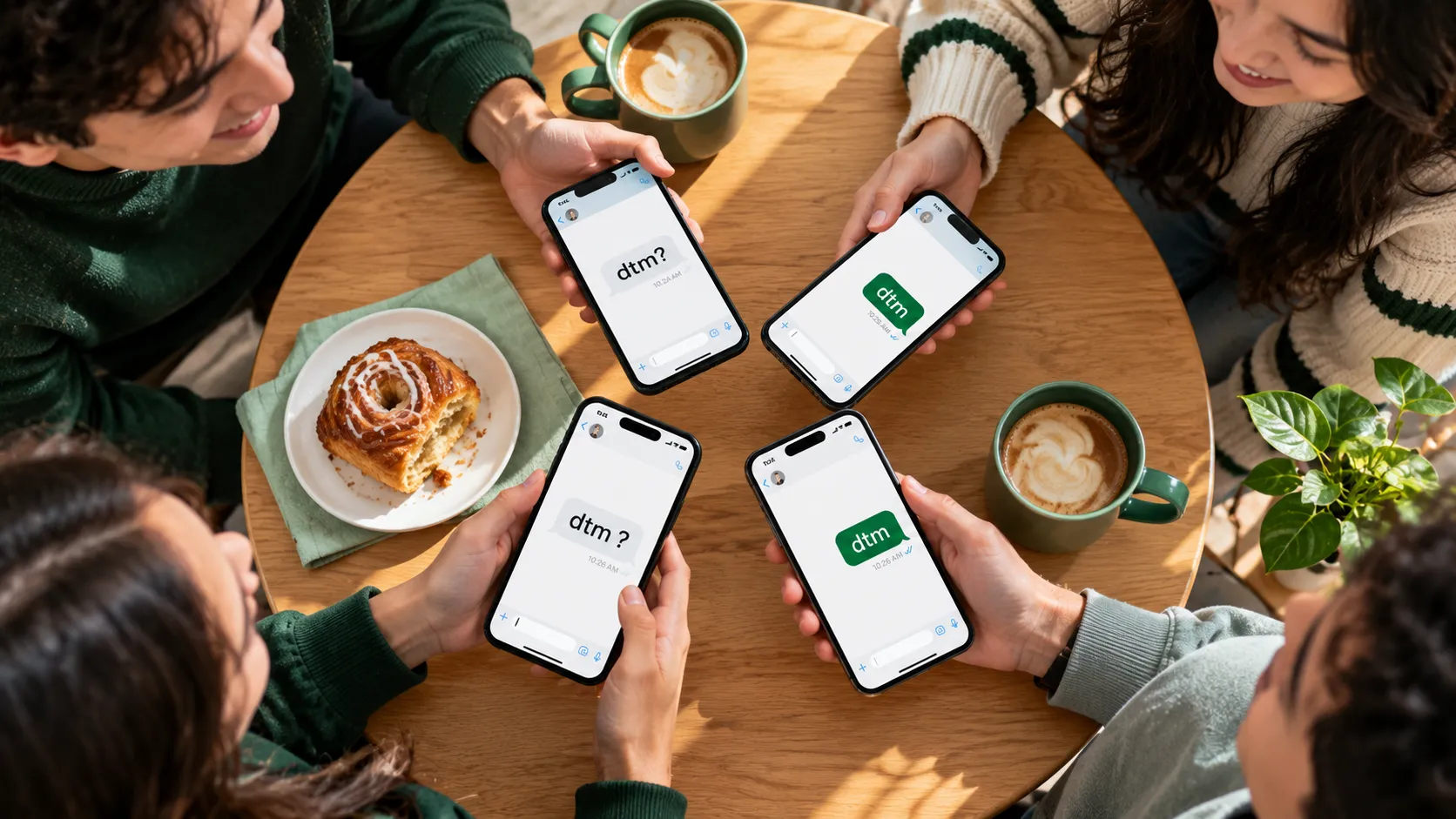 Four friends comparing phones over coffee to work out the dtm meaning in text