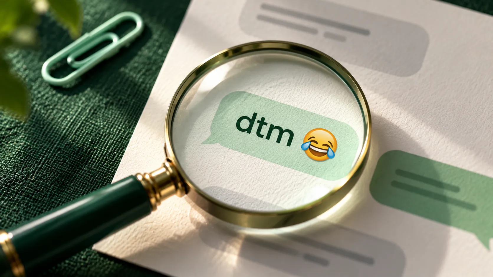 Magnifying glass over a printed chat bubble enlarging the word dtm and a small laughing emoji