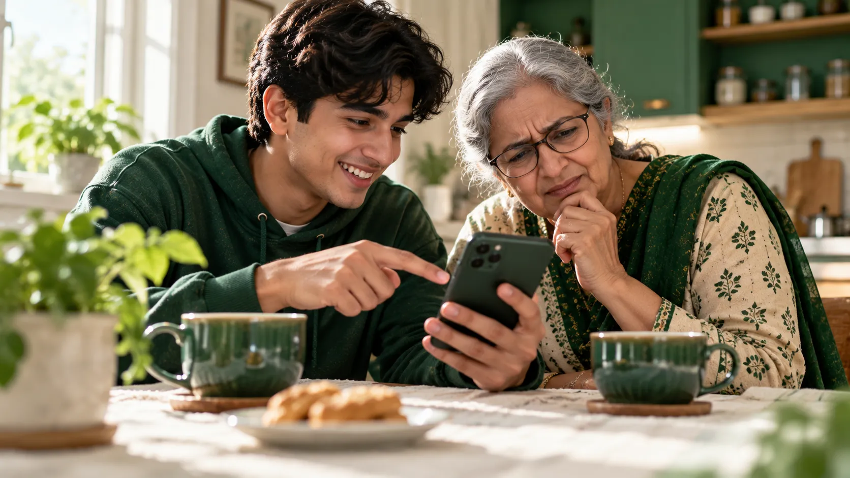 Teenager and grandmother sharing a phone at a kitchen table, the grandmother squinting while the teen grins