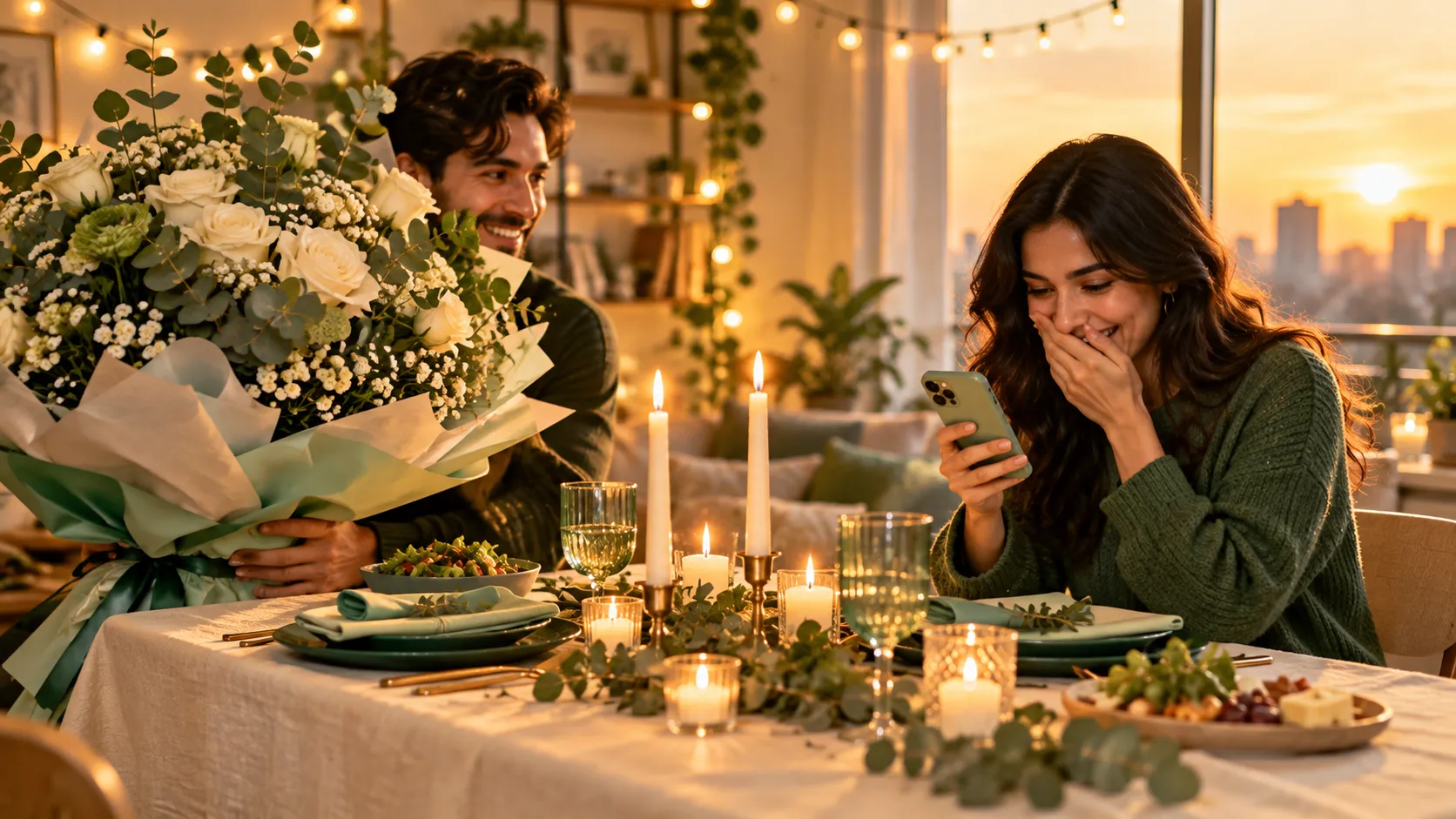 Couple at a candlelit dinner table with an oversized bouquet, one partner smiling at a phone