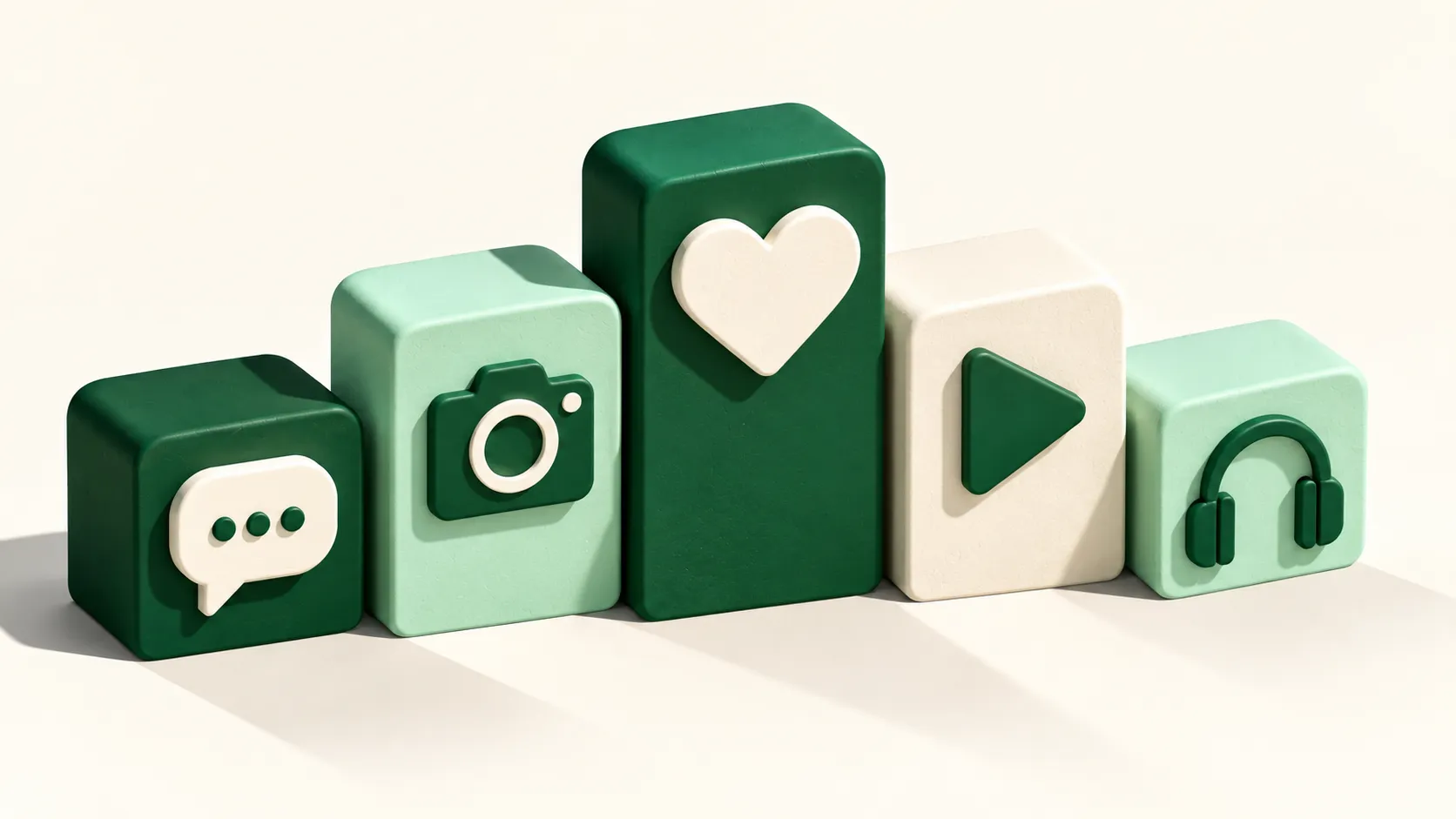 Five chunky green 3D blocks with chat, camera, heart, play and headset symbols at staggered heights