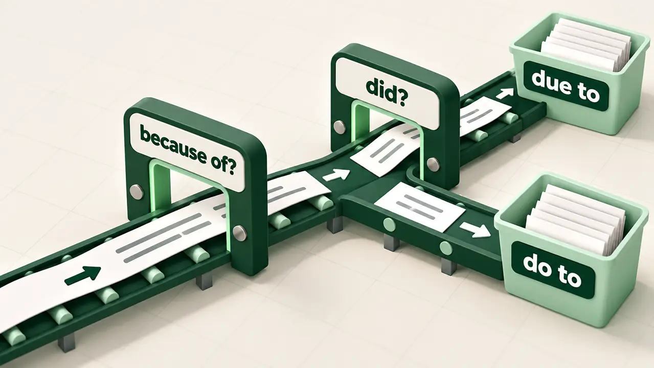 Diagram of the because of and did tests that sort a sentence into due to vs do to
