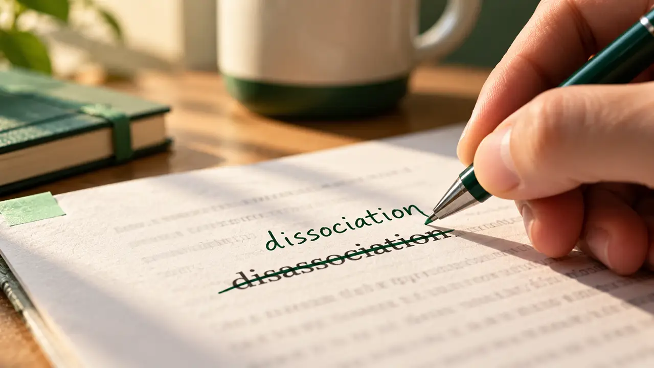 Close-up of a hand using a green pen to correct disassociation to dissociation on a printed essay