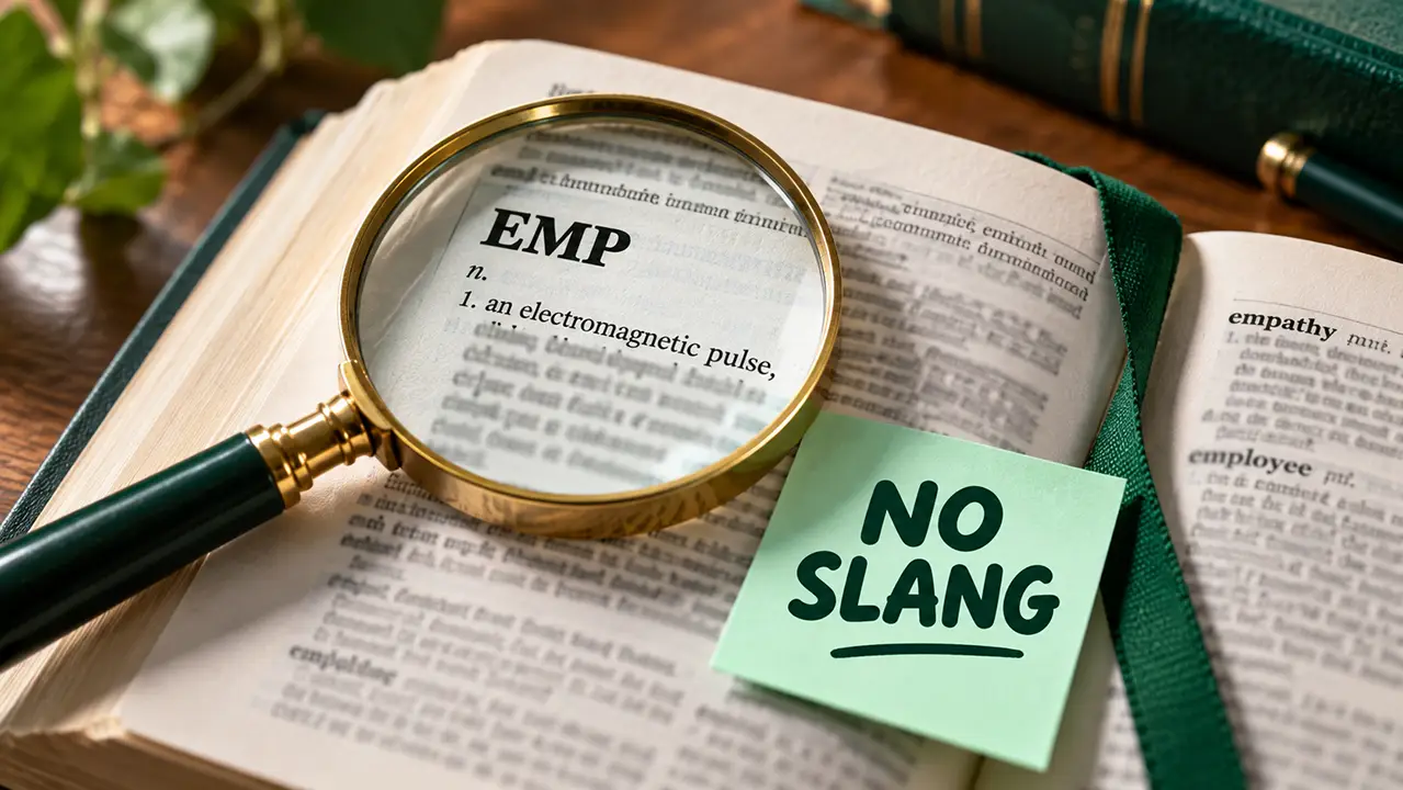 Open dictionary with a magnifying glass over an entry, showing the EMP meaning as a technical term