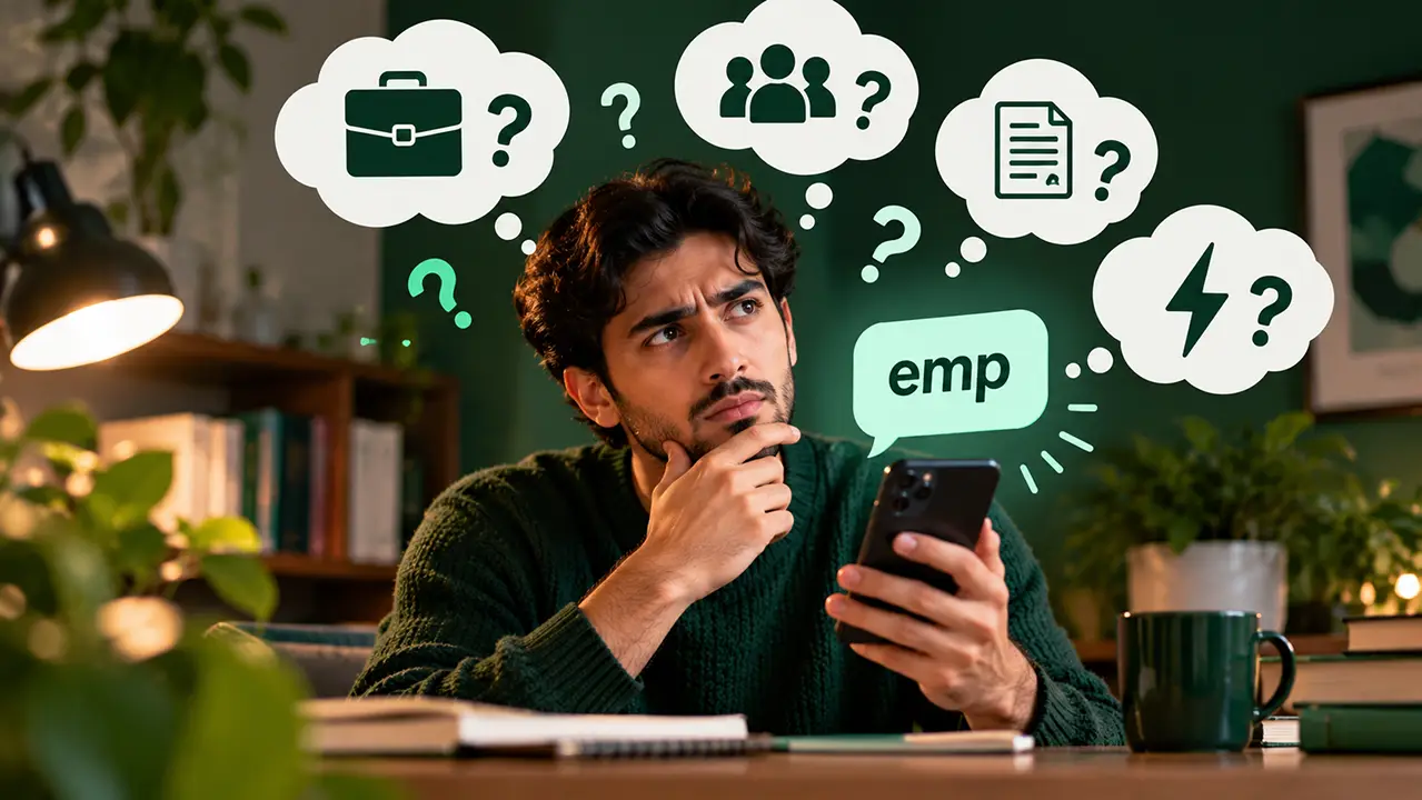 Person puzzling over an unclear EMP text on a phone at dusk, showing EMP meaning in text from a girl