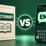 Dictionary book facing a phone chat bubble with a question mark in a versus layout