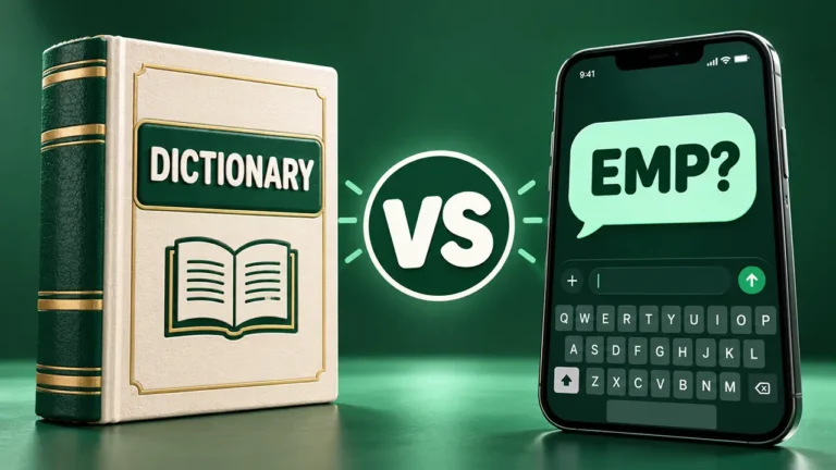 Dictionary book facing a phone chat bubble with a question mark in a versus layout