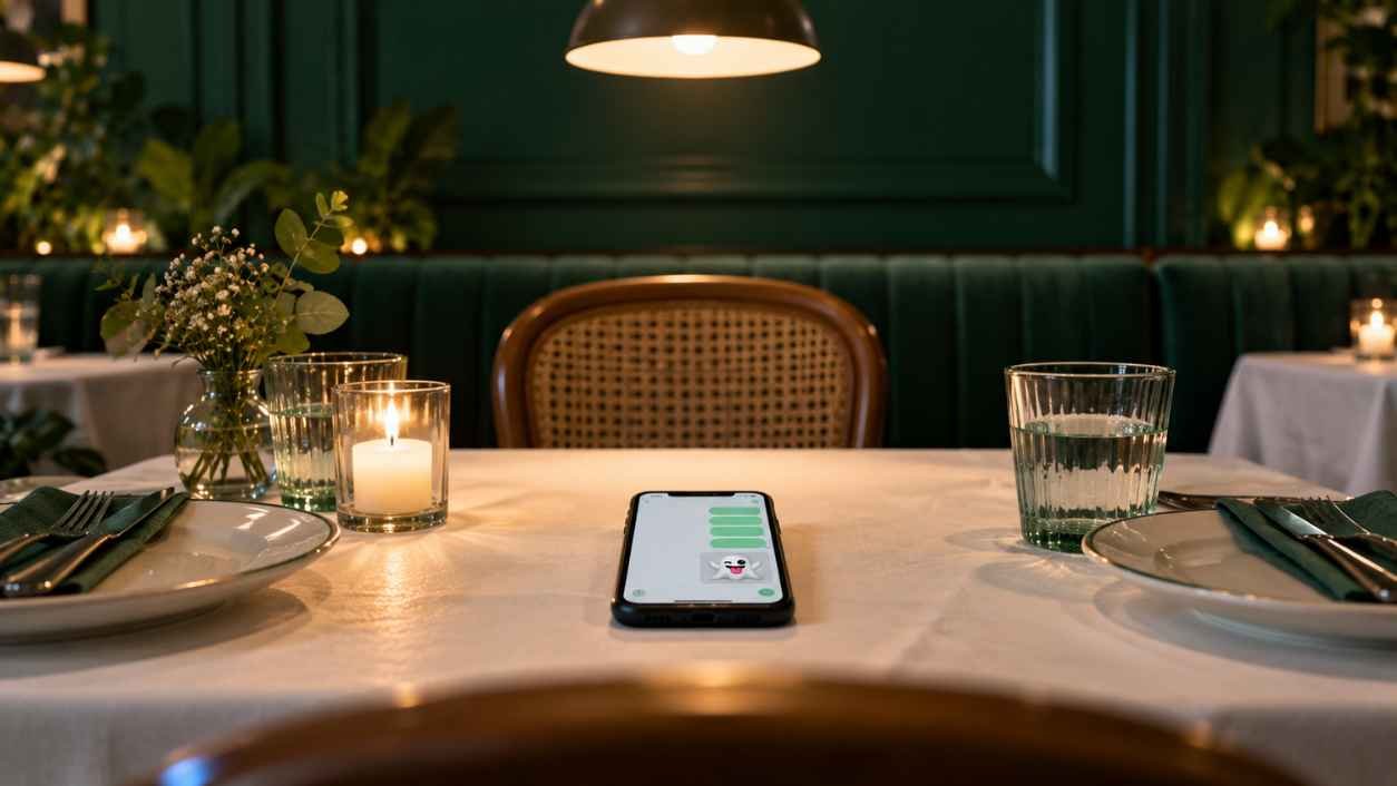 A restaurant table set for two with one empty chair and a smartphone showing an unanswered chat that ends with a ghost emoji.