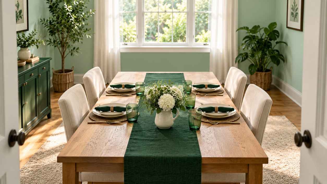Long wooden dining table with matching chairs and one empty place at the end, seen from the doorway