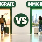 Two doors facing each other, one open to leave and one open to enter, with the words EMIGRATE and IMMIGRATE