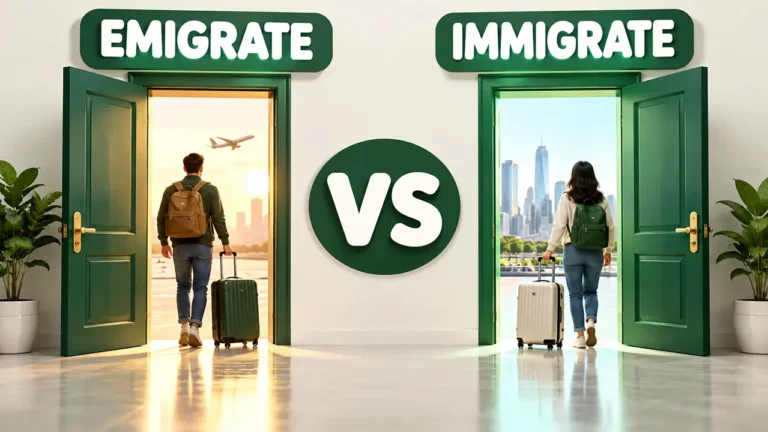 Two doors facing each other, one open to leave and one open to enter, with the words EMIGRATE and IMMIGRATE