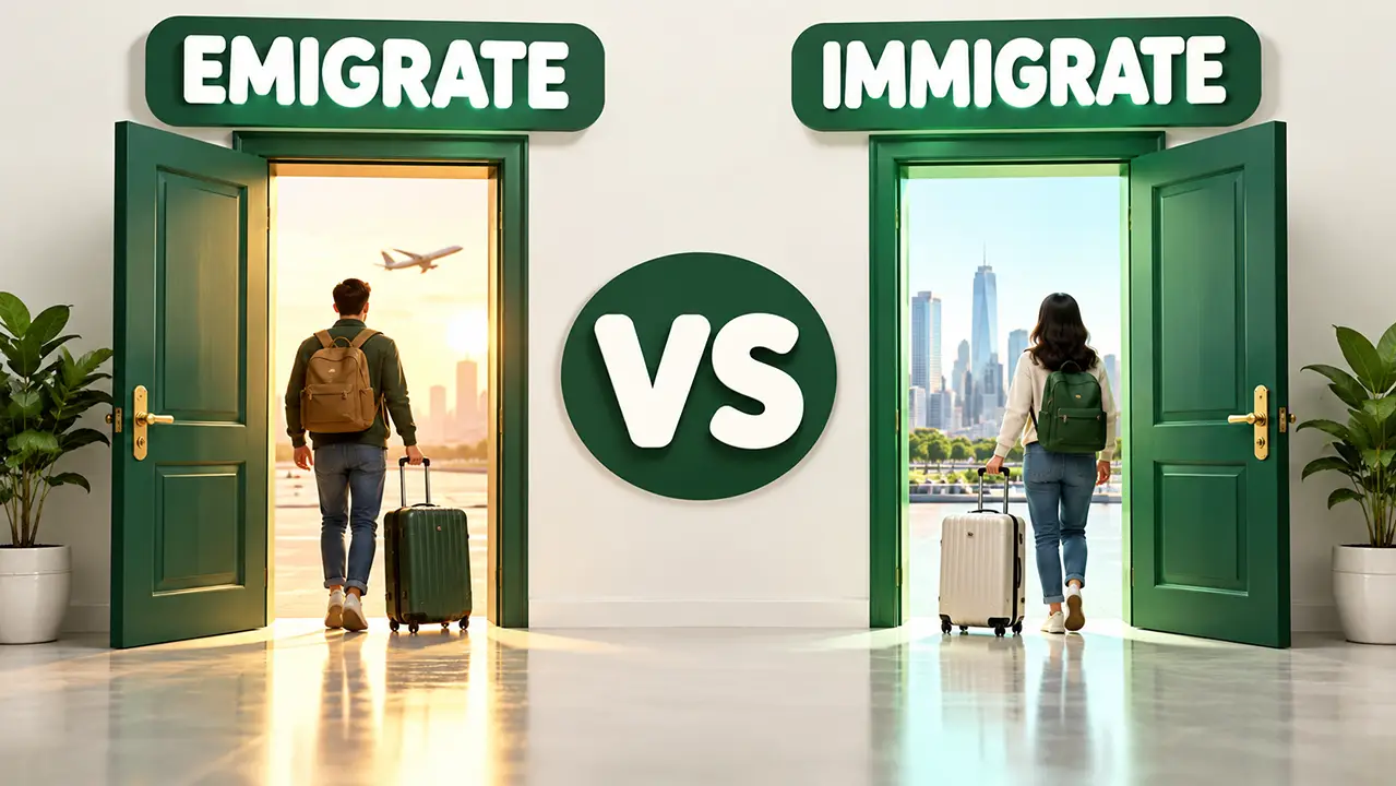 Two doors facing each other, one open to leave and one open to enter, with the words EMIGRATE and IMMIGRATE