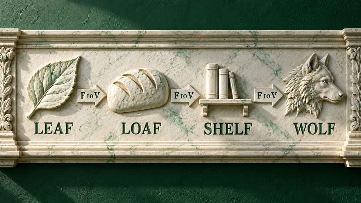 Carved marble frieze of a leaf, loaf, shelf, and wolf with carved arrows showing the f to v plural change