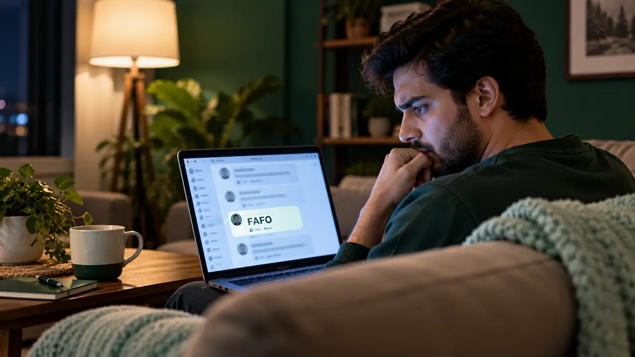 Young adult on a sofa at night frowning at a laptop social feed with an unfamiliar slang reply