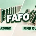 Split-screen showdown of a hand about to push the first domino beside a chain of toppling dominoes