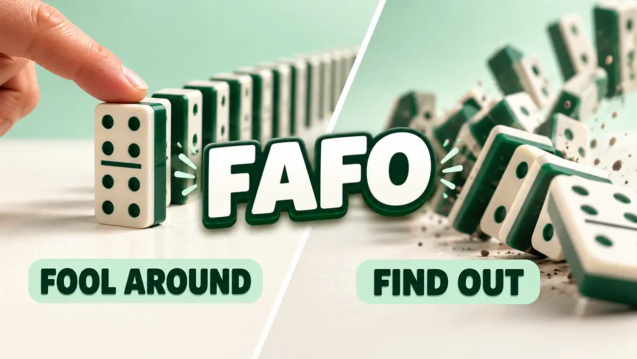 Split-screen showdown of a hand about to push the first domino beside a chain of toppling dominoes