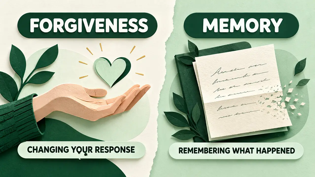 Forgive vs forget comparison graphic separating emotional forgiveness from memory.