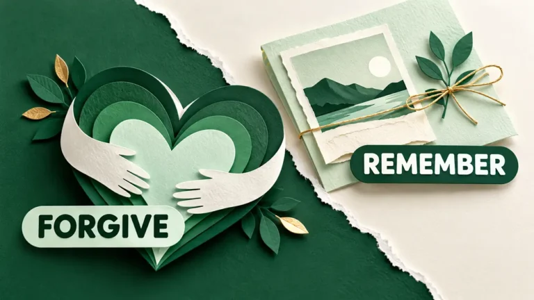 Editorial illustration contrasting a heart symbol with a layered memory note.