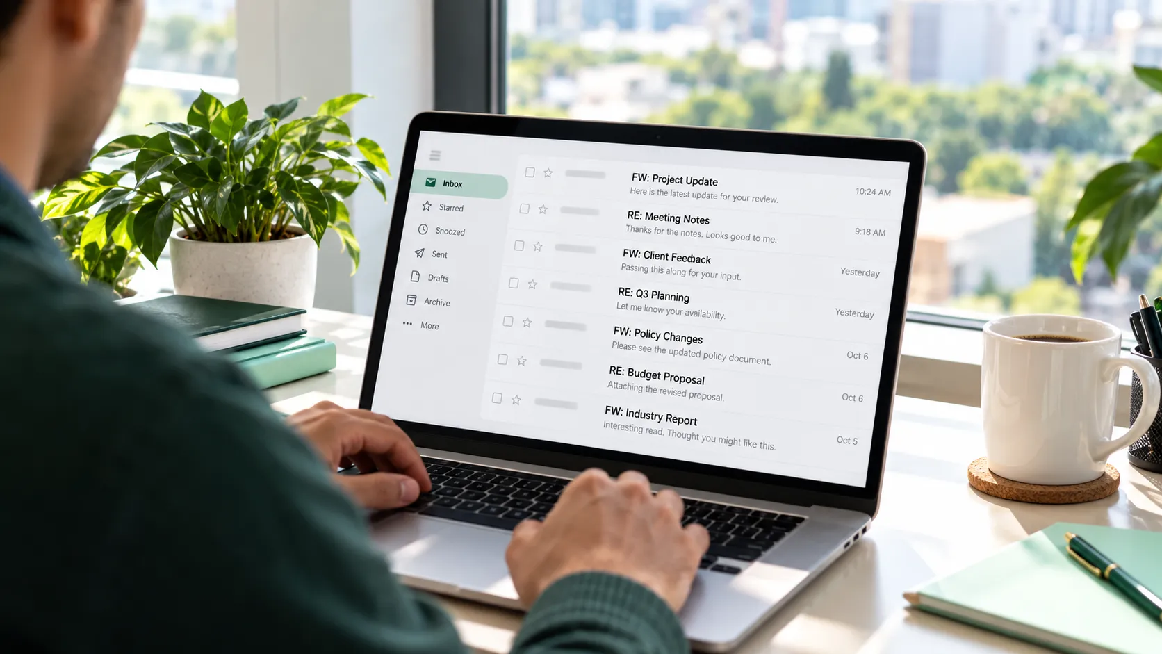 Over-the-shoulder view of a laptop at an office window showing an email inbox with "FW:" subject lines