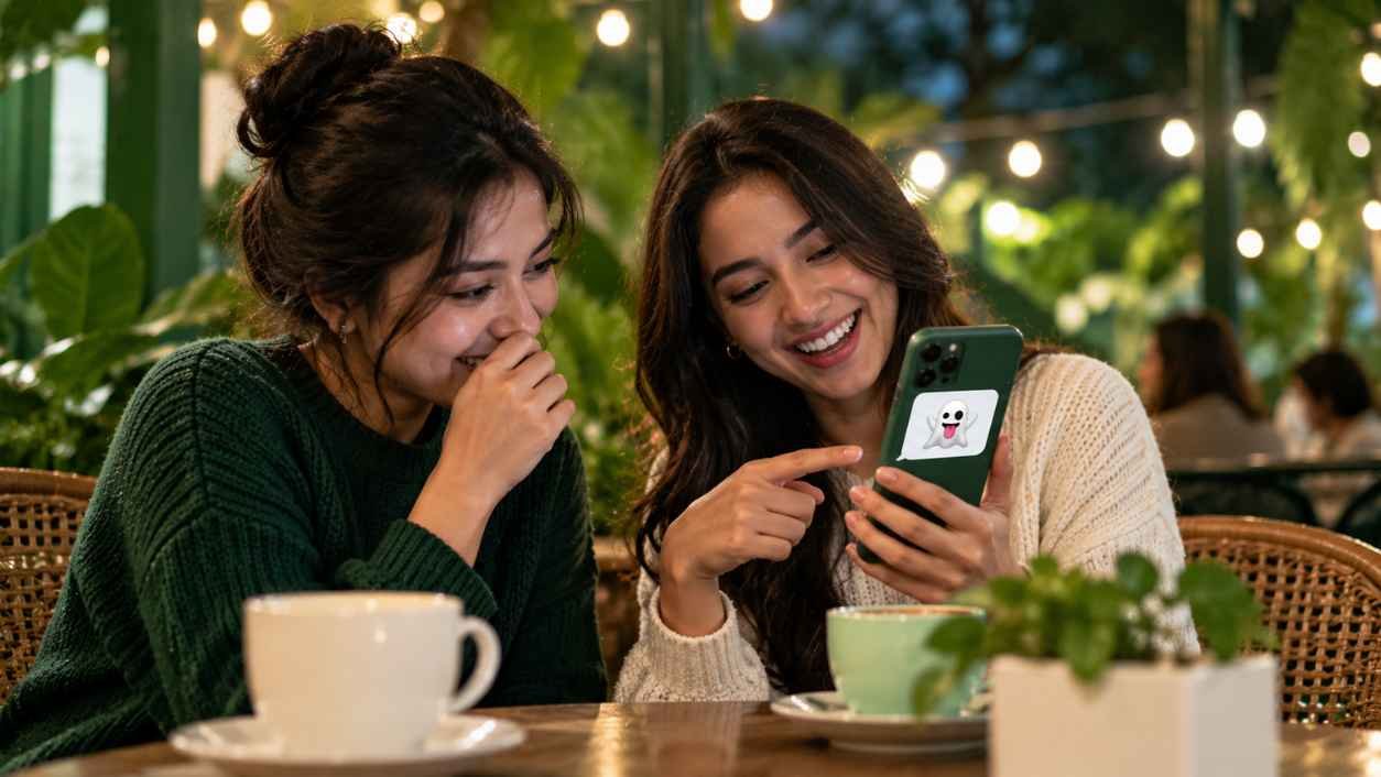Two friends at an outdoor café table in the evening laughing at a smartphone message while string lights glow behind them.