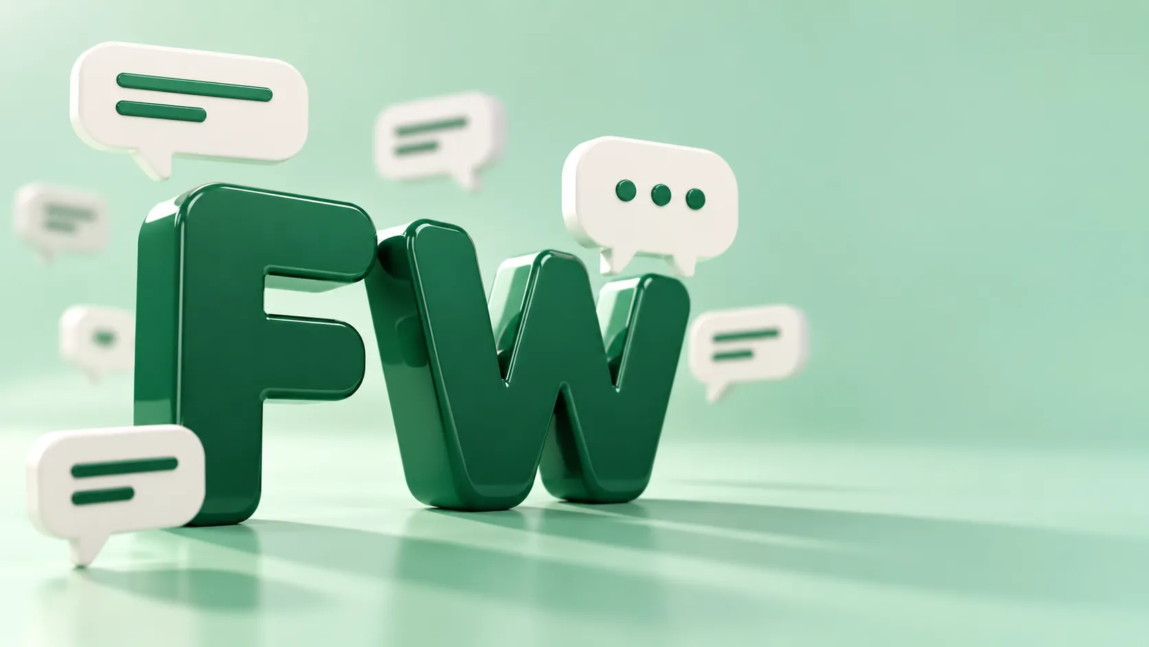 Glossy green 3D letters F and W standing between floating white chat bubbles on a mint background