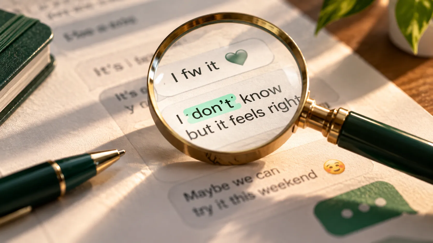 Brass magnifying glass over a printed chat transcript with the word "don't" marked in green highlighter