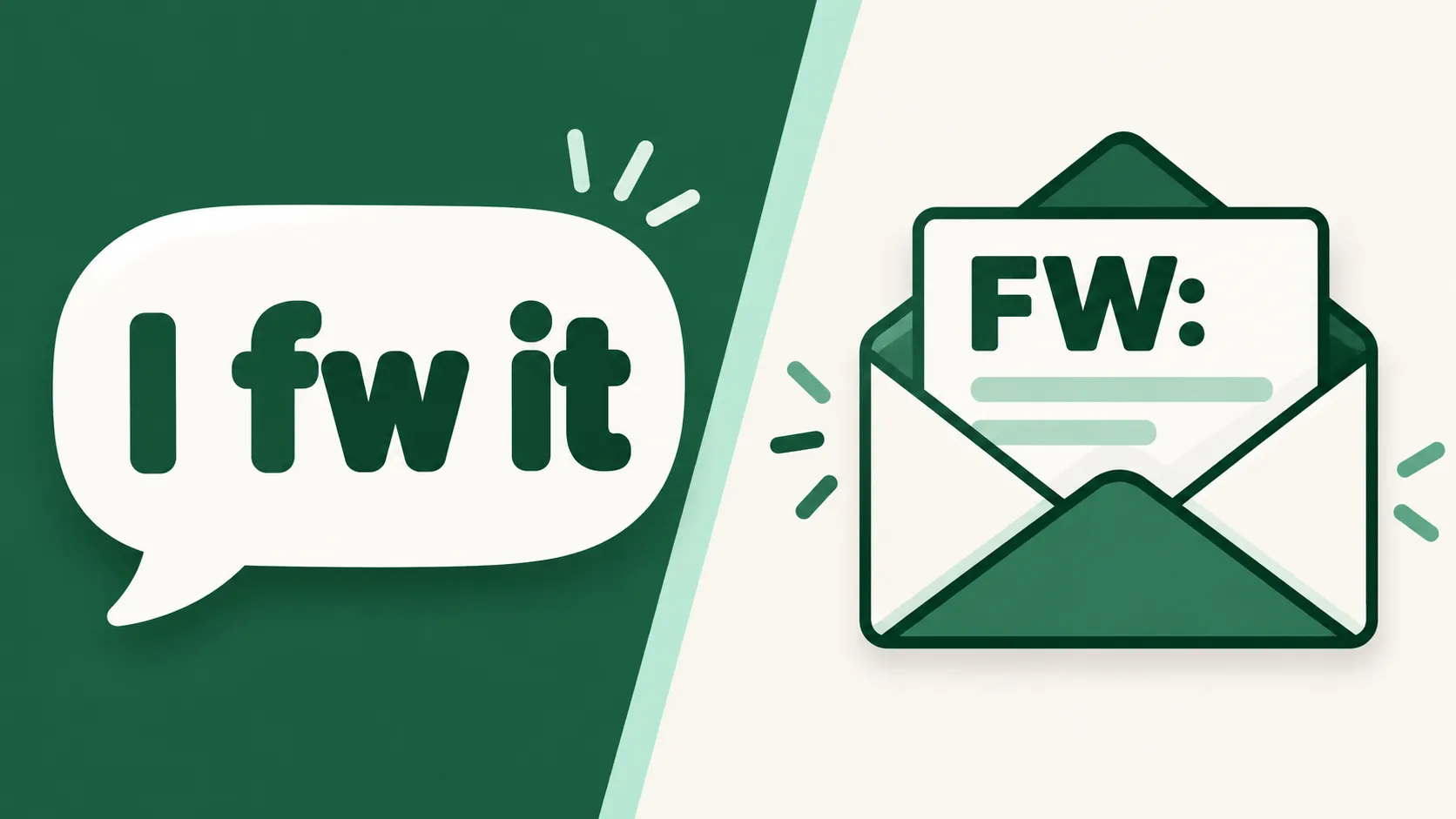 Split graphic with a green text bubble reading "I fw it" on the left and an email envelope labeled "FW:" on the right