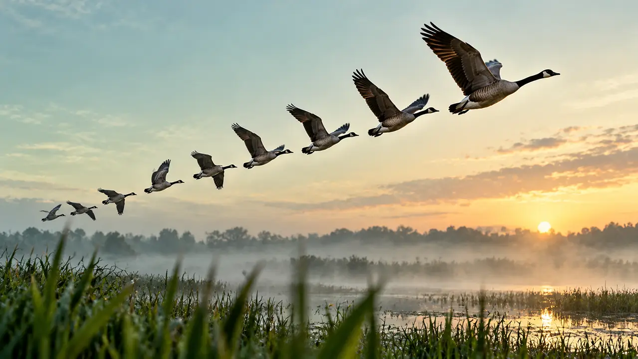 Flock of geese flying in a V over a misty wetland at dawn