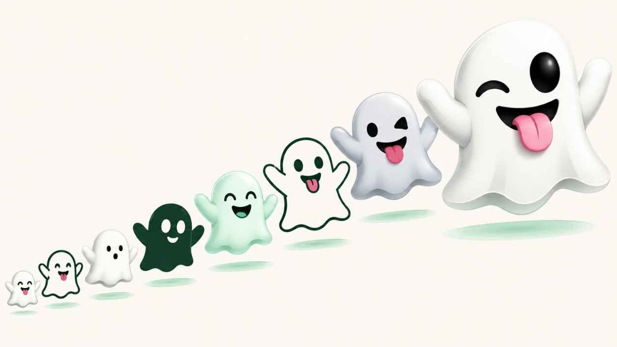 Eight cartoon ghost emoji designs in different styles arranged at rising sizes on an off white background with soft mint shadows.