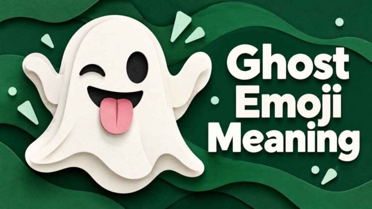 Layered paper cut white ghost with raised arms and a pink tongue on a forest green background beside the words Ghost Emoji Meaning.