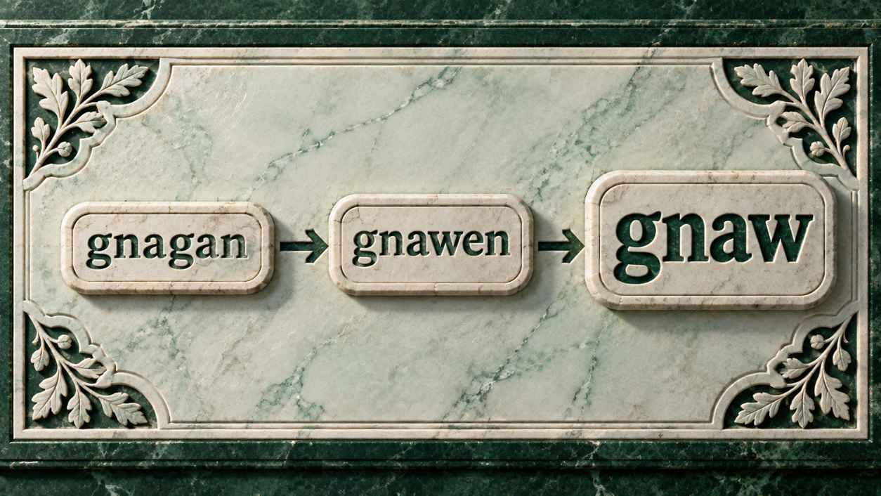 Carved marble relief showing the words gnagan, gnawen, and gnaw on three stepped tablets