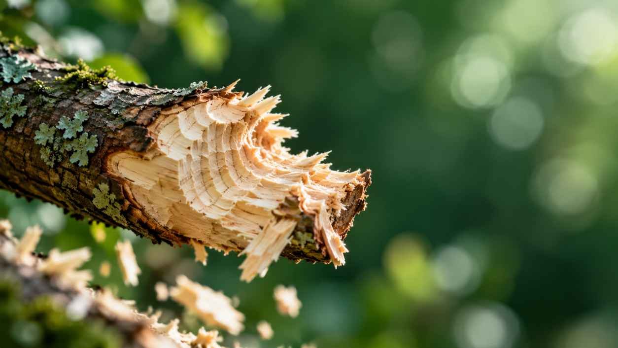 Close-up of a tree branch tip with parallel tooth marks and pale wood chips against blurred green foliage