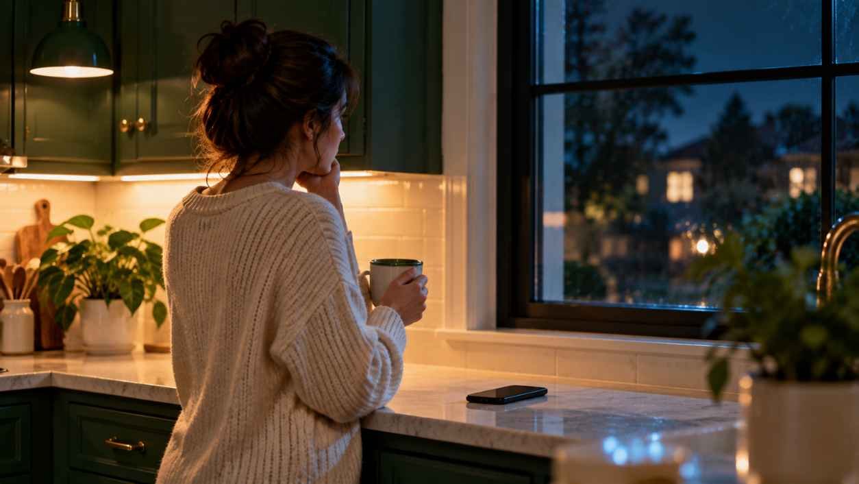 Woman holding a mug in a dark kitchen with green cabinets, looking out at a night window