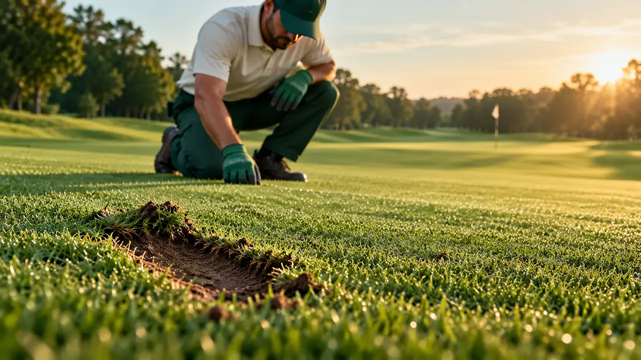 Groundskeeper kneeling beside a torn patch of turf on a golf fairway at golden hour