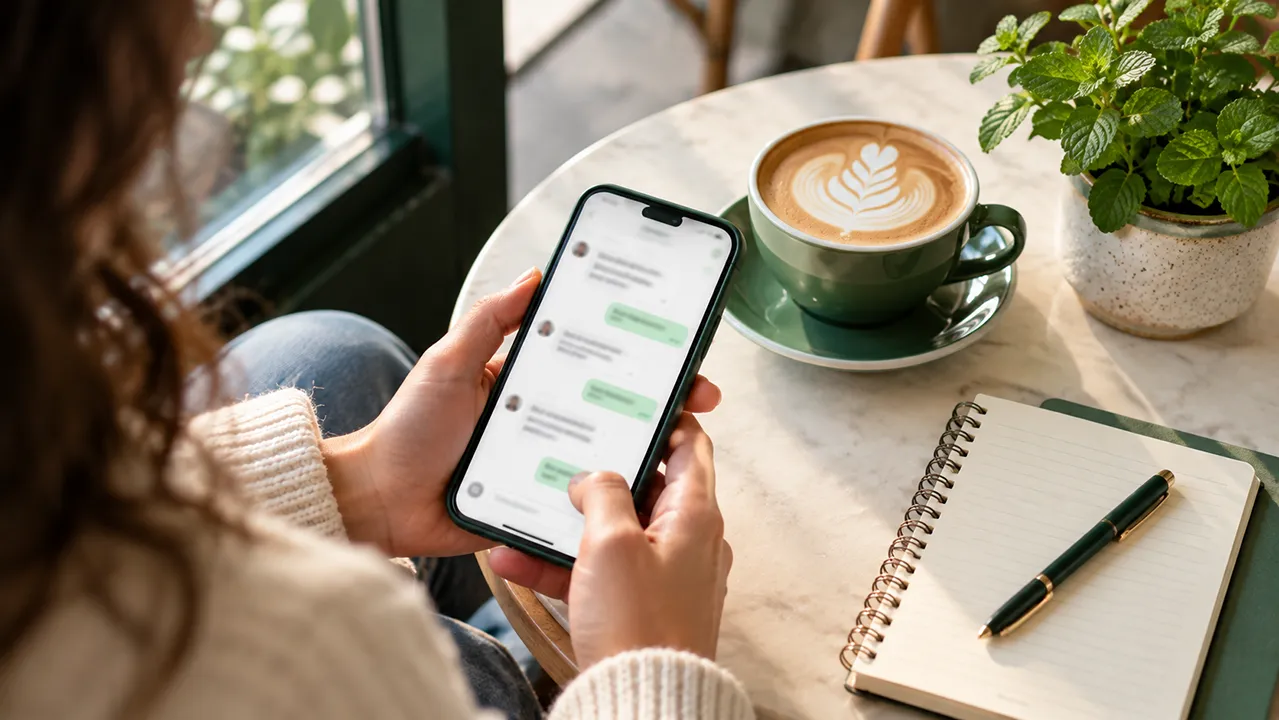 Hand holding a phone with colorful chat bubbles over a cafe table with a latte and notebook