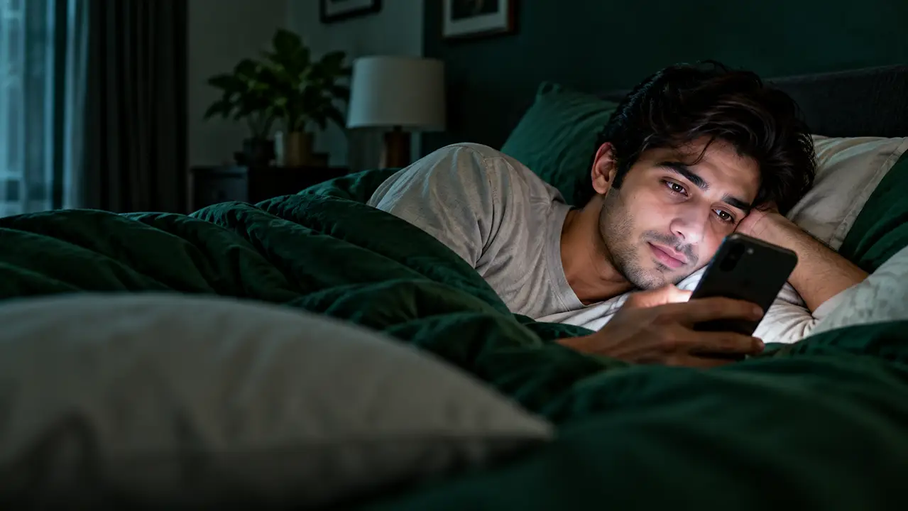 GTS full form in WhatsApp represented by a person reading a late-night message in bed.