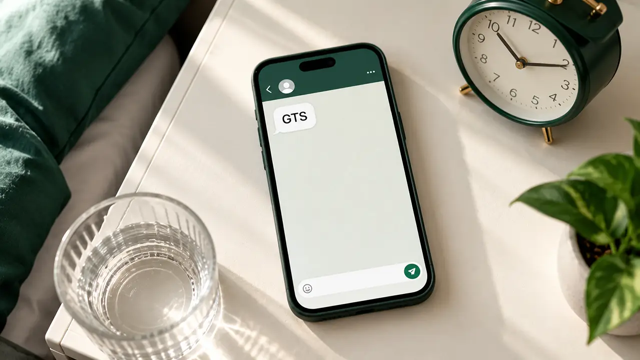 GTS meaning in WhatsApp chat displayed on a phone beside an alarm clock.