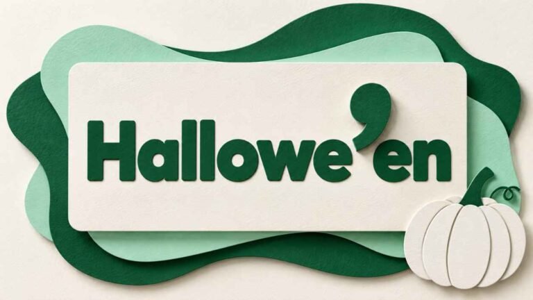 Layered paper-cut card showing the word Hallowe'en with a large raised apostrophe beside a small white pumpkin.