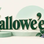 Hallowe’en lettering with a raised apostrophe beside a white pumpkin.